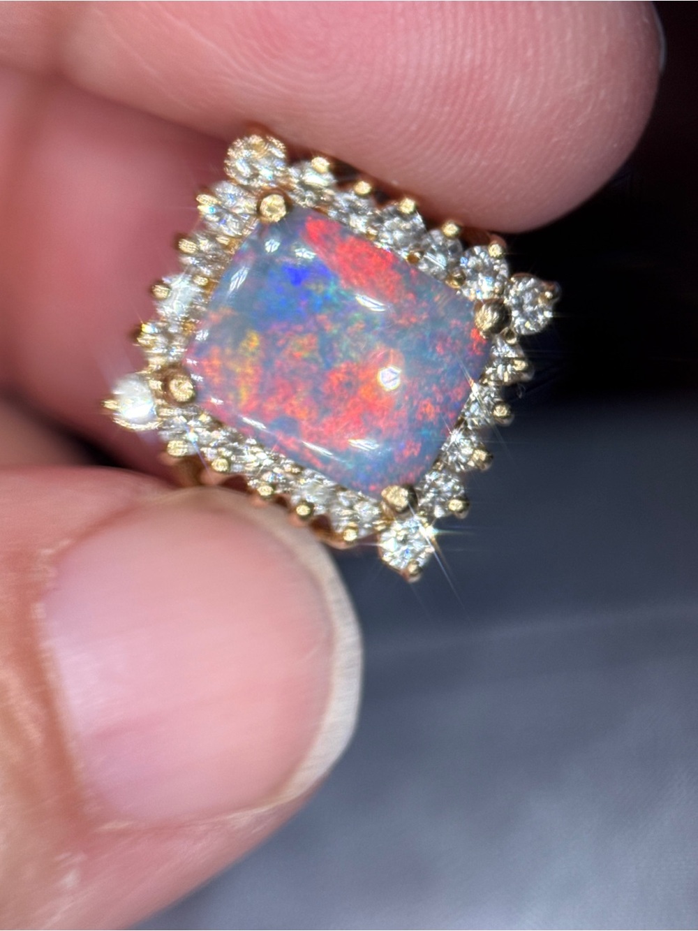 Lightning Ridge Black Opal and 14k Gold Opal Halo Ring - Iridescent - Picture 9 of 15